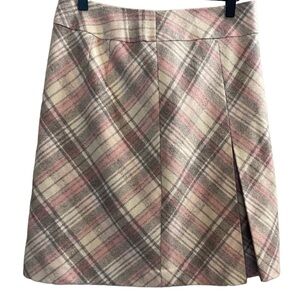 𝅺LOFT Wool Blend Skirt Pink and Gray Plaid Pleated Size 2 Lined Zip Up Back